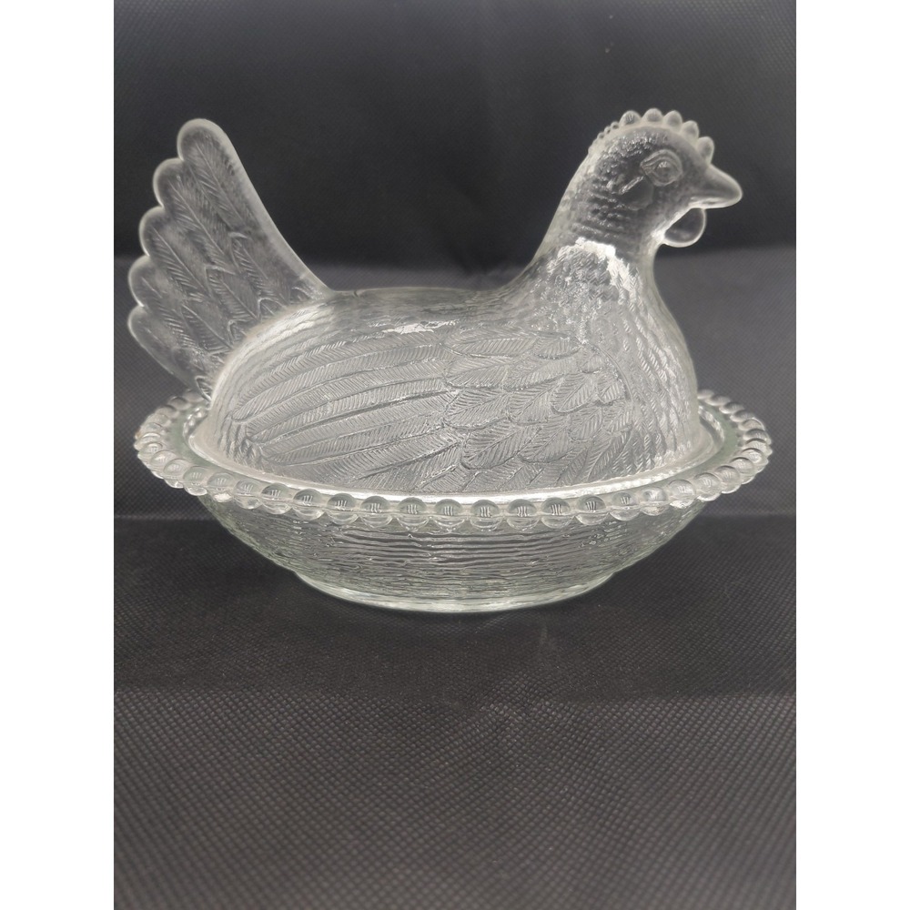 Vtg 7" Indiana Glass Hen on Nest Clear Covered Beaded Rim Candy Dish Cottage